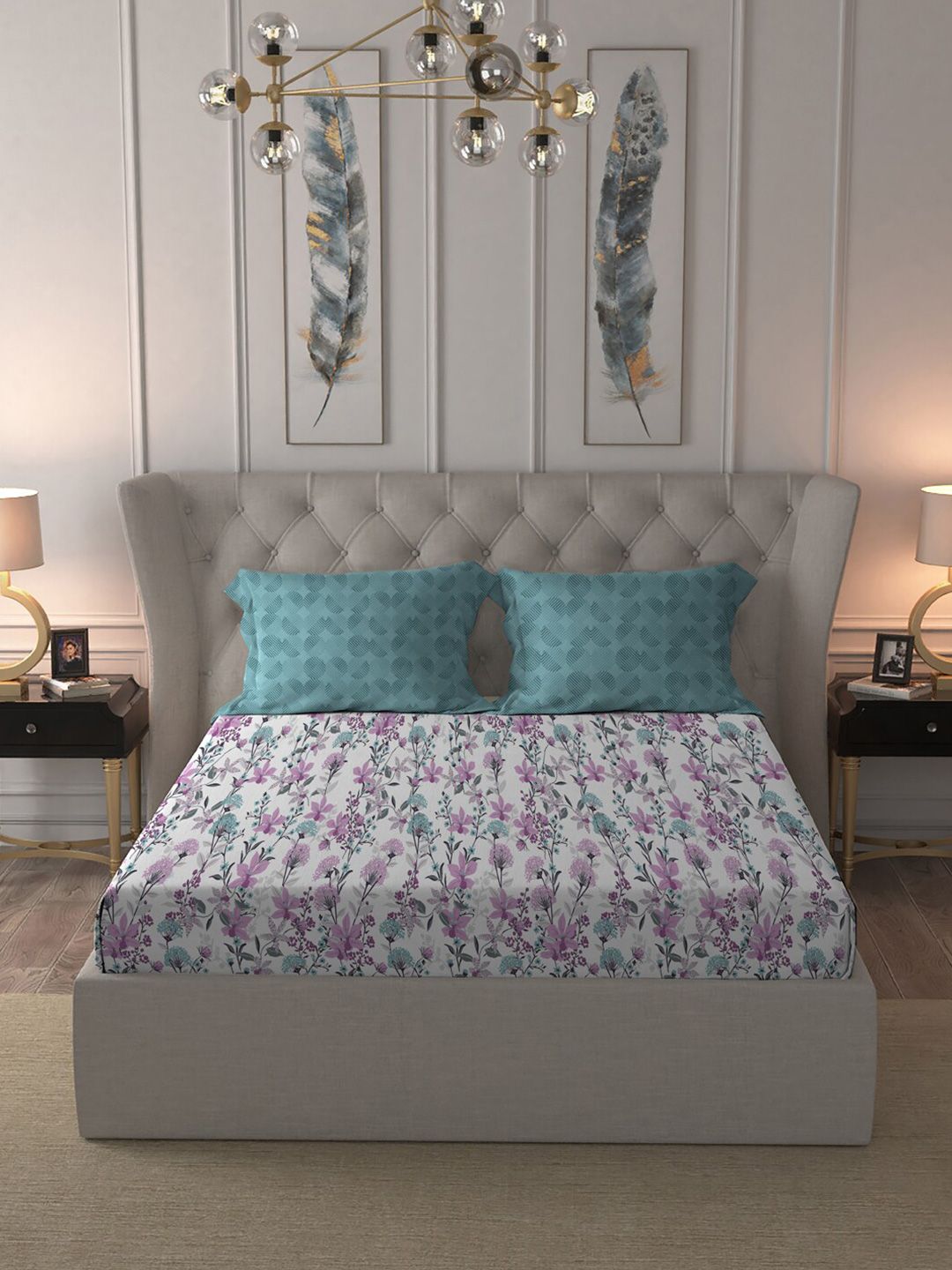 MYTRIDENT Violet  White Floral Cotton 144 TC Queen Bedsheet With 2 Pillow Covers