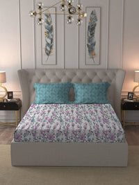 MYTRIDENT Violet  White Floral Cotton 144 TC Queen Bedsheet With 2 Pillow Covers