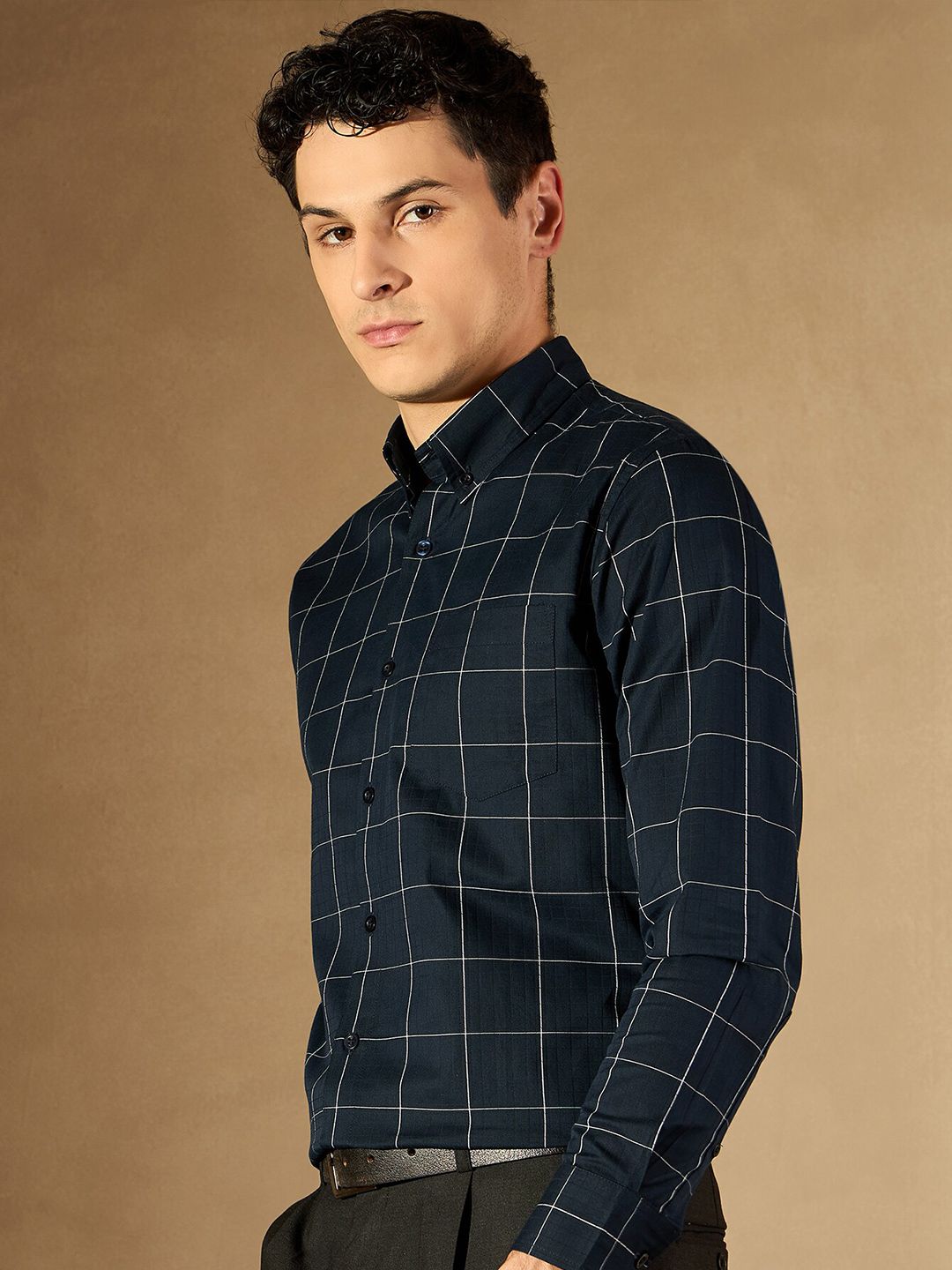 DENNISON Windowpane Checked Button-Down Collar Smart Cotton Formal Shirt