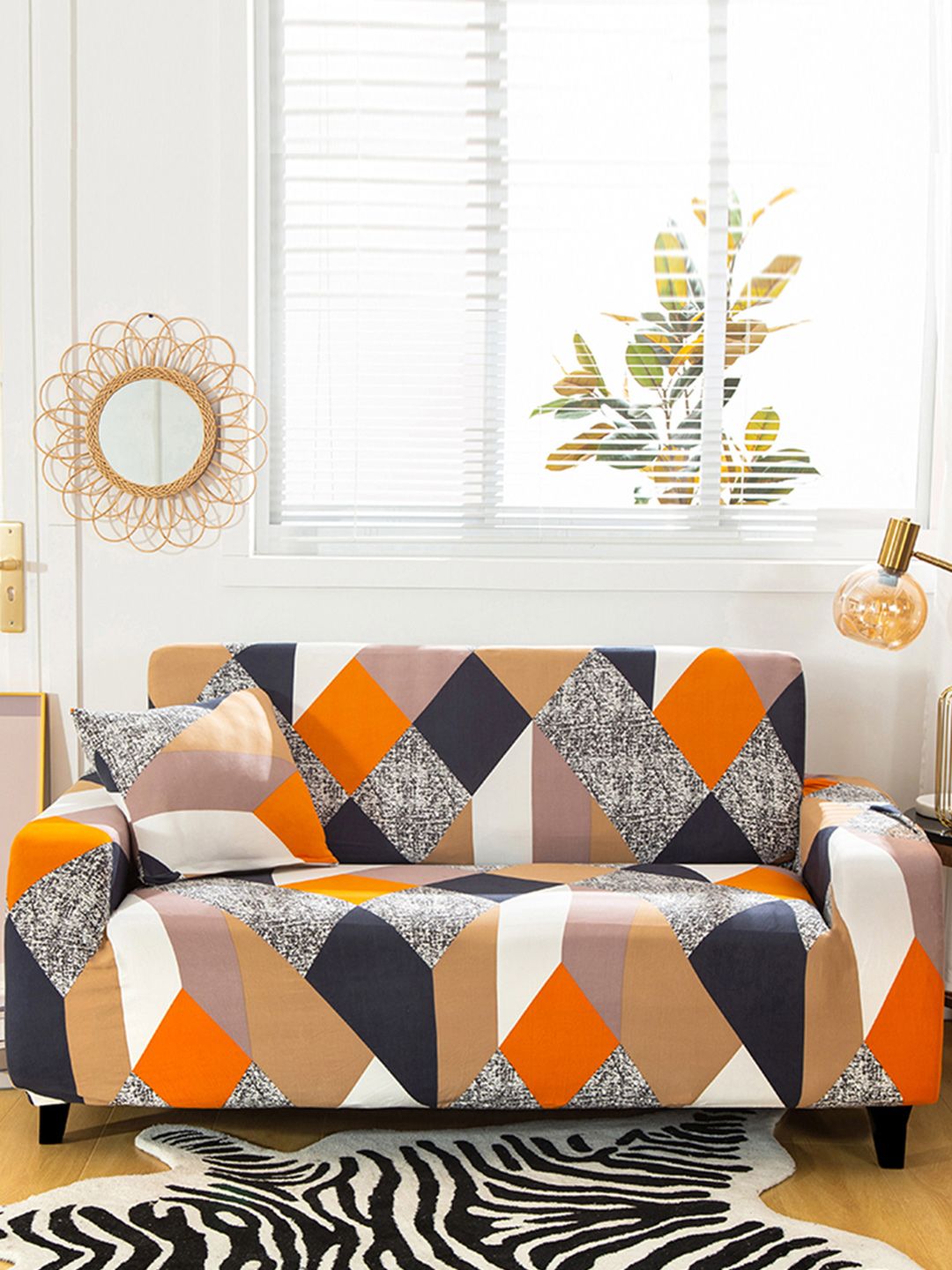 Story@home Orange & Beige Printed 3 Seater Stretchable Sofa Cover With Arms