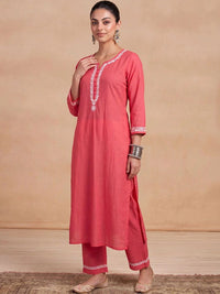 House of Chikankari Women Ethnic Motifs Embroidered Regular Thread Work Chanderi Silk Kurta with Trousers