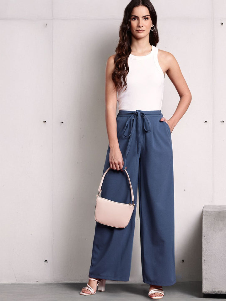 all about you Women Pleated  Wide Leg Trousers with Fabric Belt