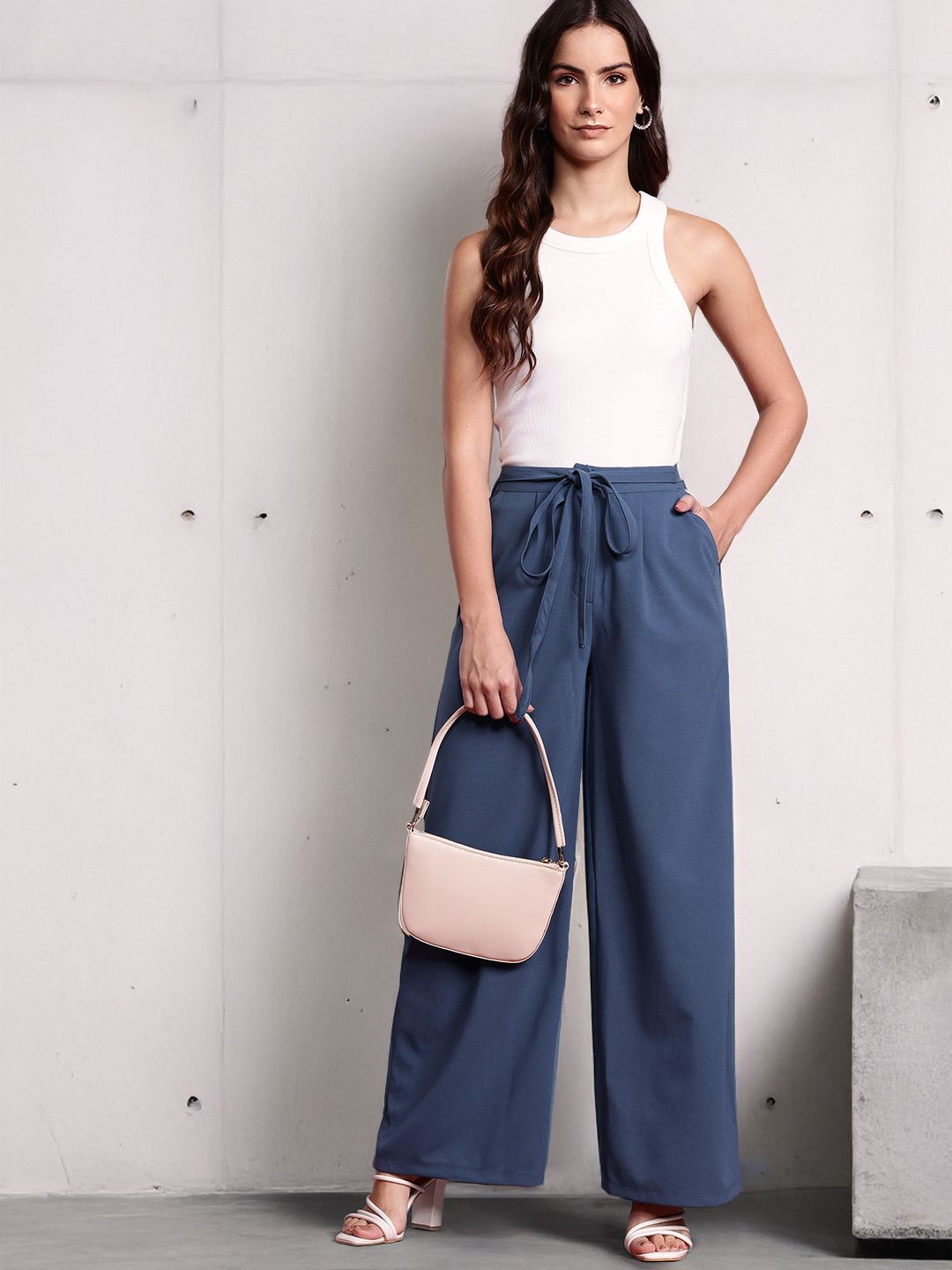 all about you Women Pleated  Wide Leg Trousers with Fabric Belt