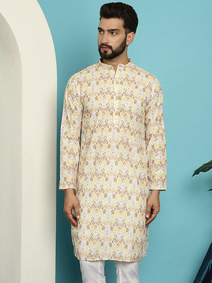SOJANYA Ethnic Motifs Embroidered Pure Cotton Mandarin Collar Straight Kurta