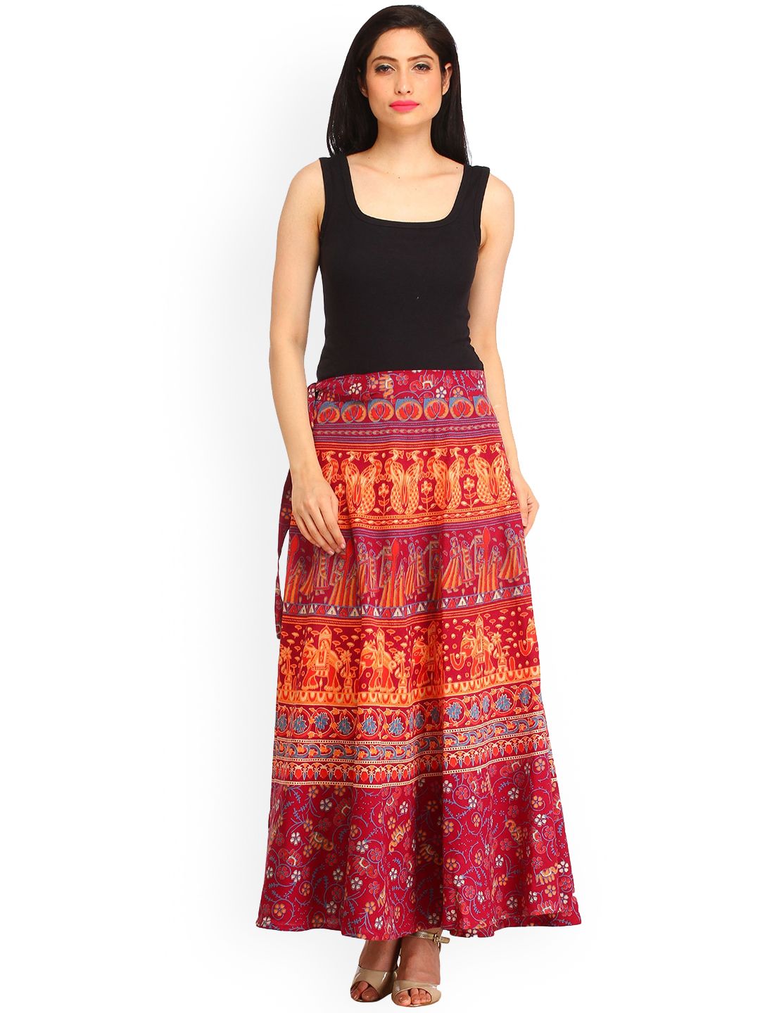 Exotic India Wrap-Around Mauve Wine Long Skirt with Printed Wedding Scenes