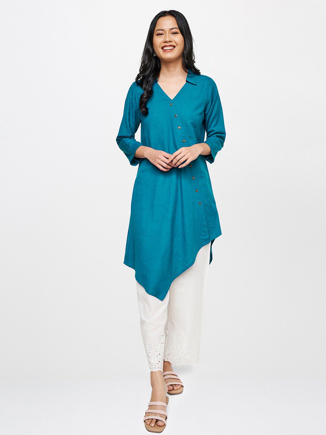 Global Desi Women Teal Solid Rayon Shirt Collar Tunic