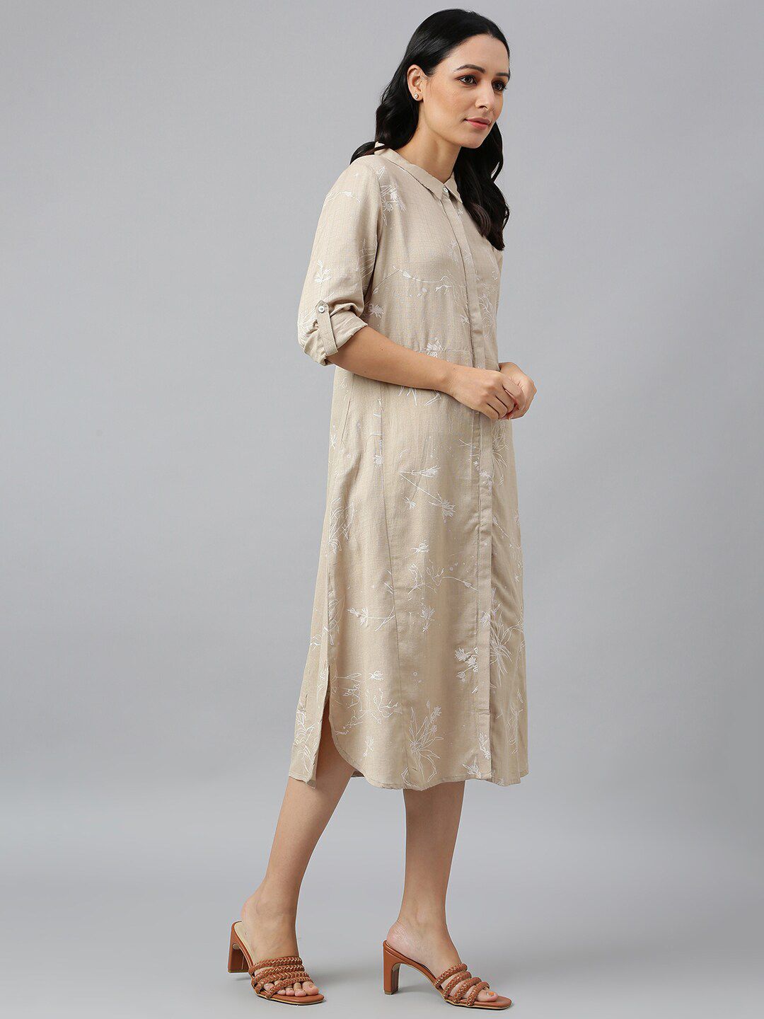W Brown Floral Shirt Midi Dress