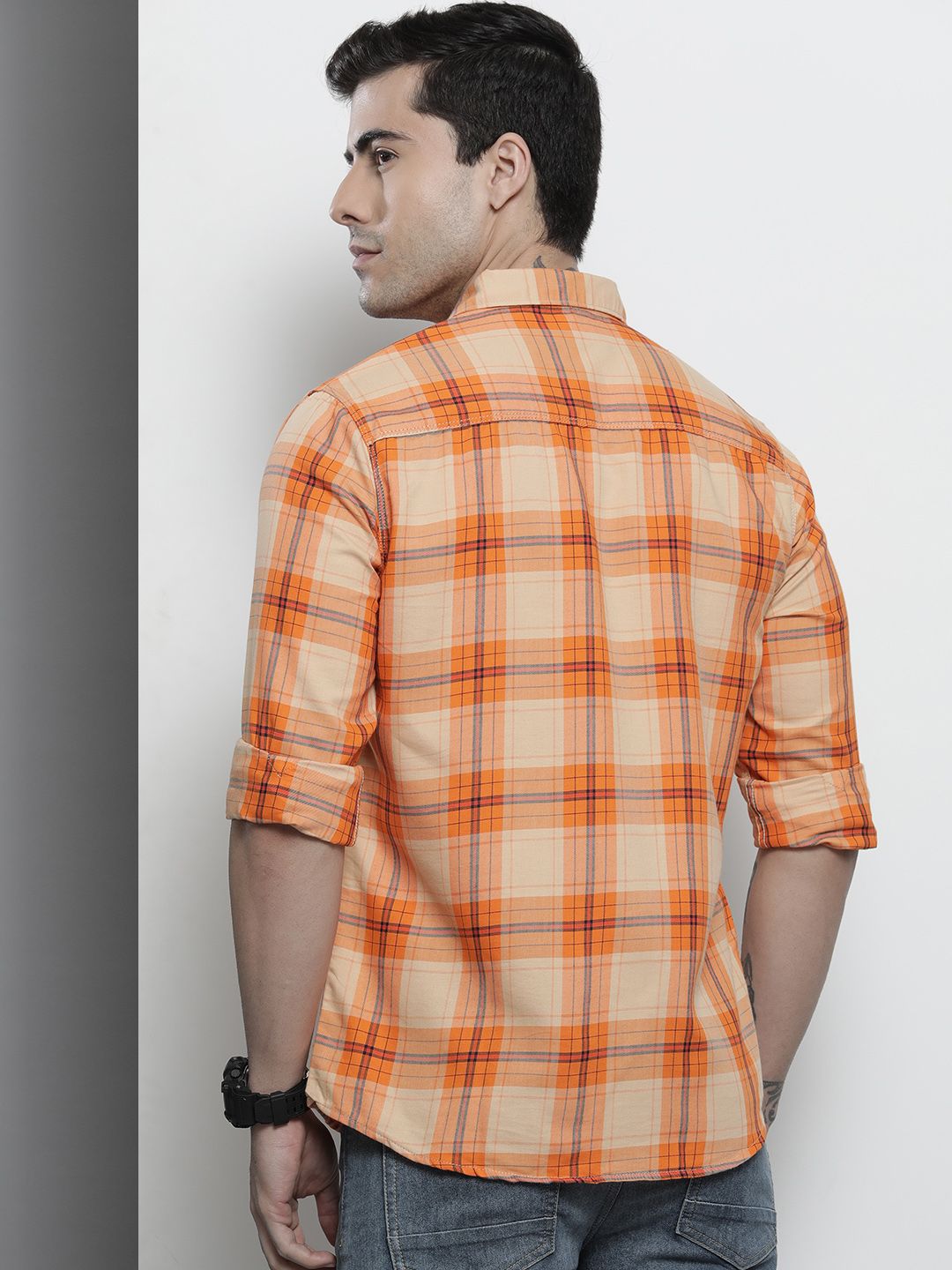 The Indian Garage Co Men Orange Comfort Checked Regular Fit Cotton Casual Shirt
