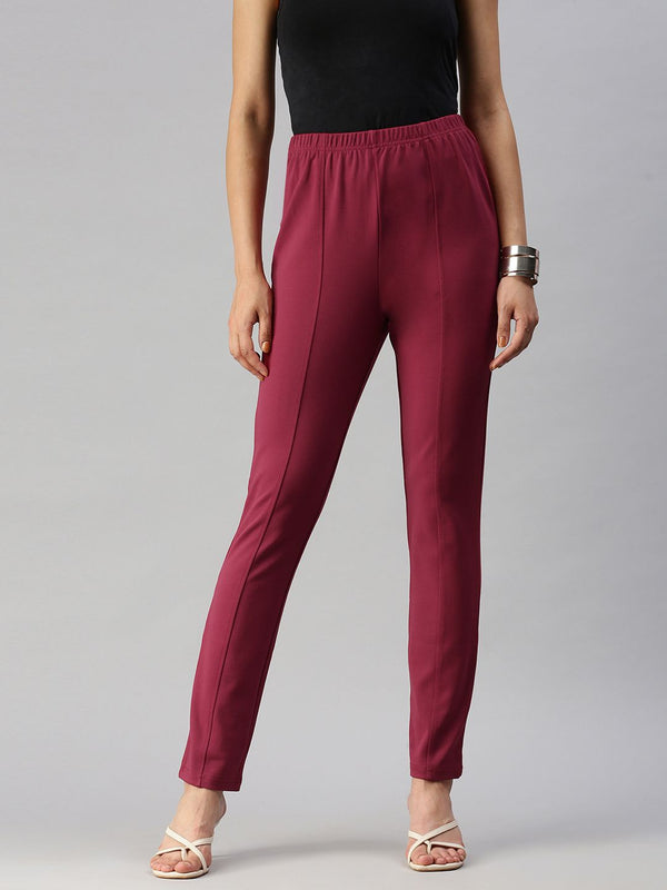 Global Desi Women Maroon Solid Tapered Fit Cigarette Trousers