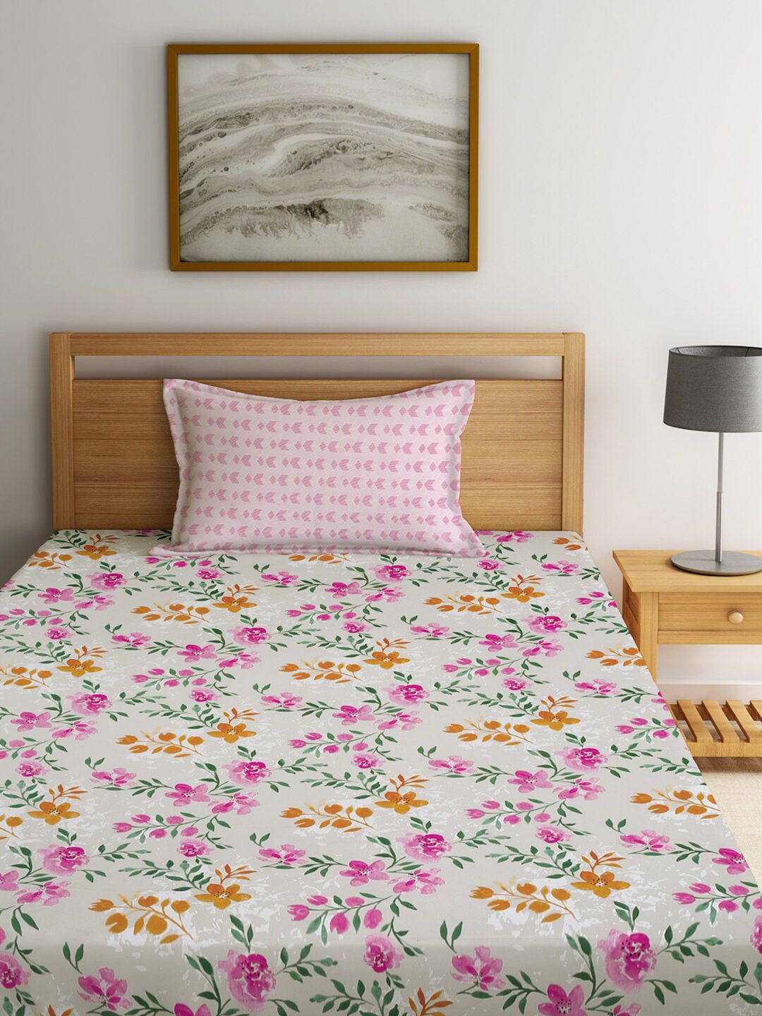 KLOTTHE Brown Floral Polycotton 300 TC Fitted Single Fine Bedsheet with a Pillow Cover-220 x 150 cm