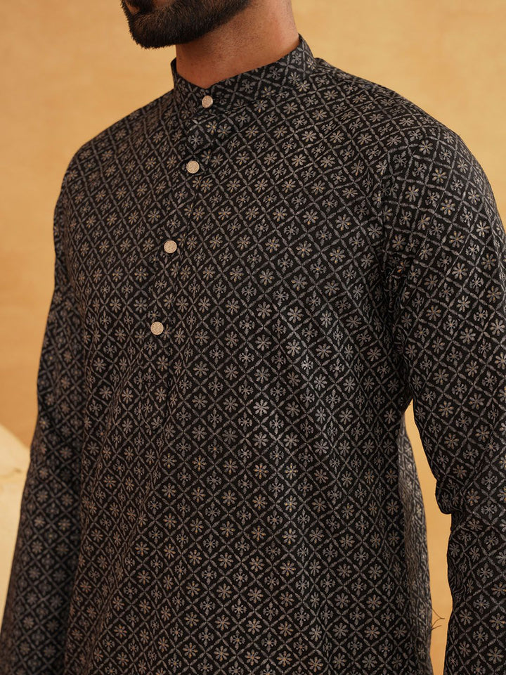 SOJANYA Floral Printed Mandarin Collar Cotton Linen Kurta