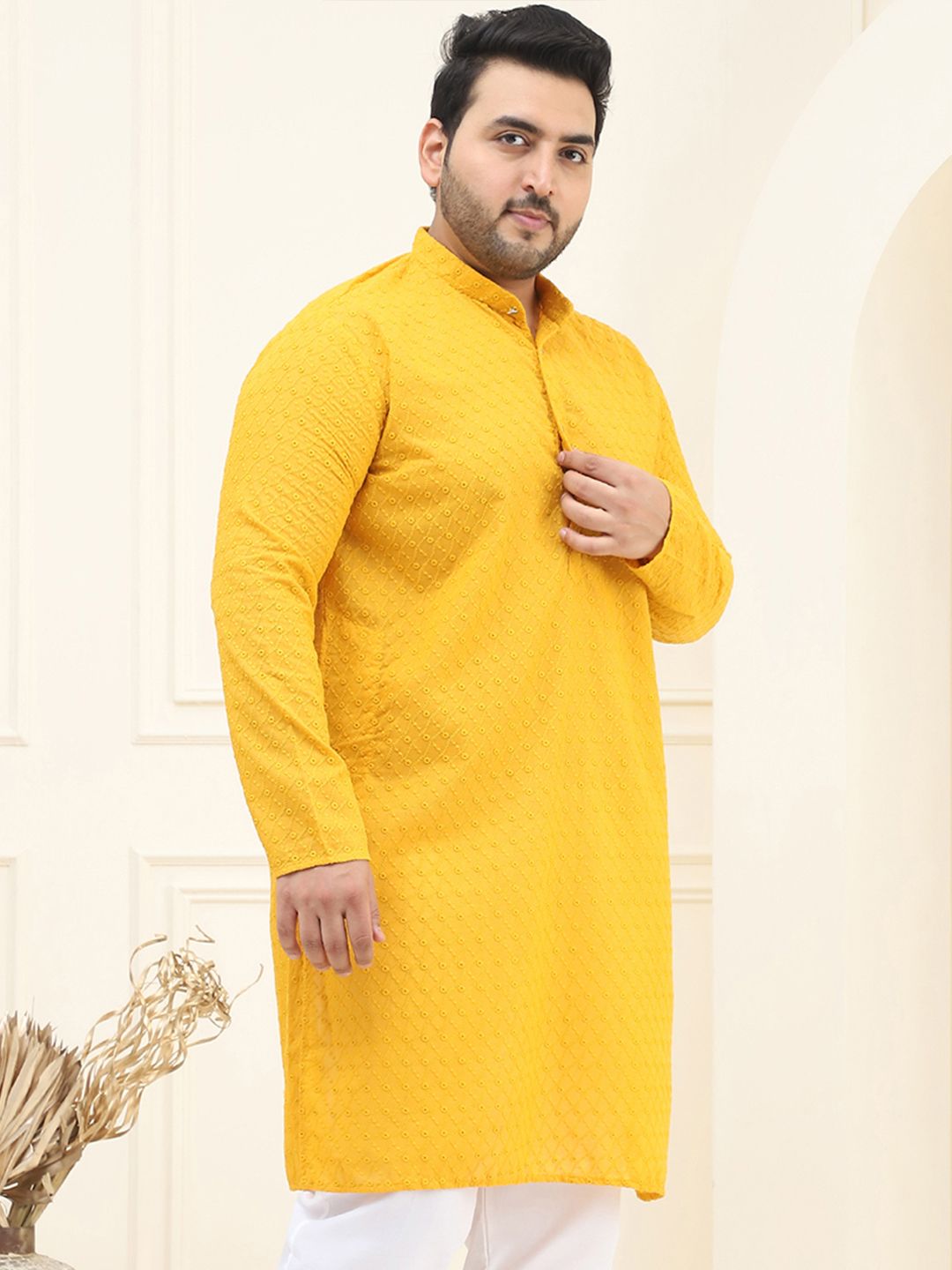 SOJANYA PLUS Lelaki Mustard Kuning Sulam Kurta Lurus