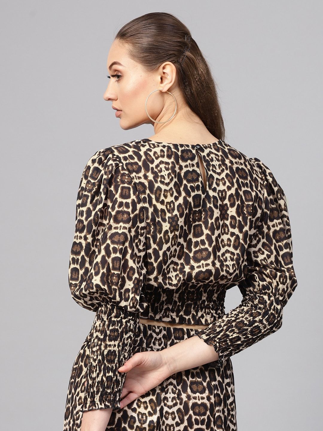 SASSAFRAS Black & Beige Animal Print Crop Blouson Top