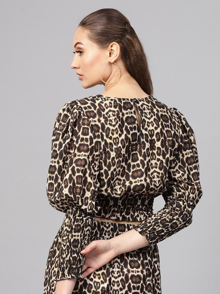 SASSAFRAS Black & Beige Animal Print Crop Blouson Top