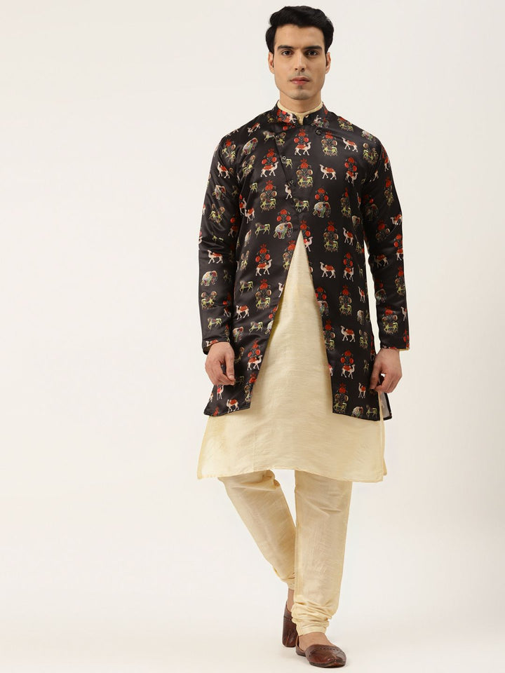 SOJANYA Men Cream-Coloured & Black Solid Kurta with Churidar & Jacket