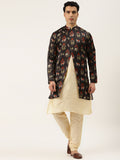 SOJANYA Men Cream-Coloured & Black Solid Kurta with Churidar & Jacket