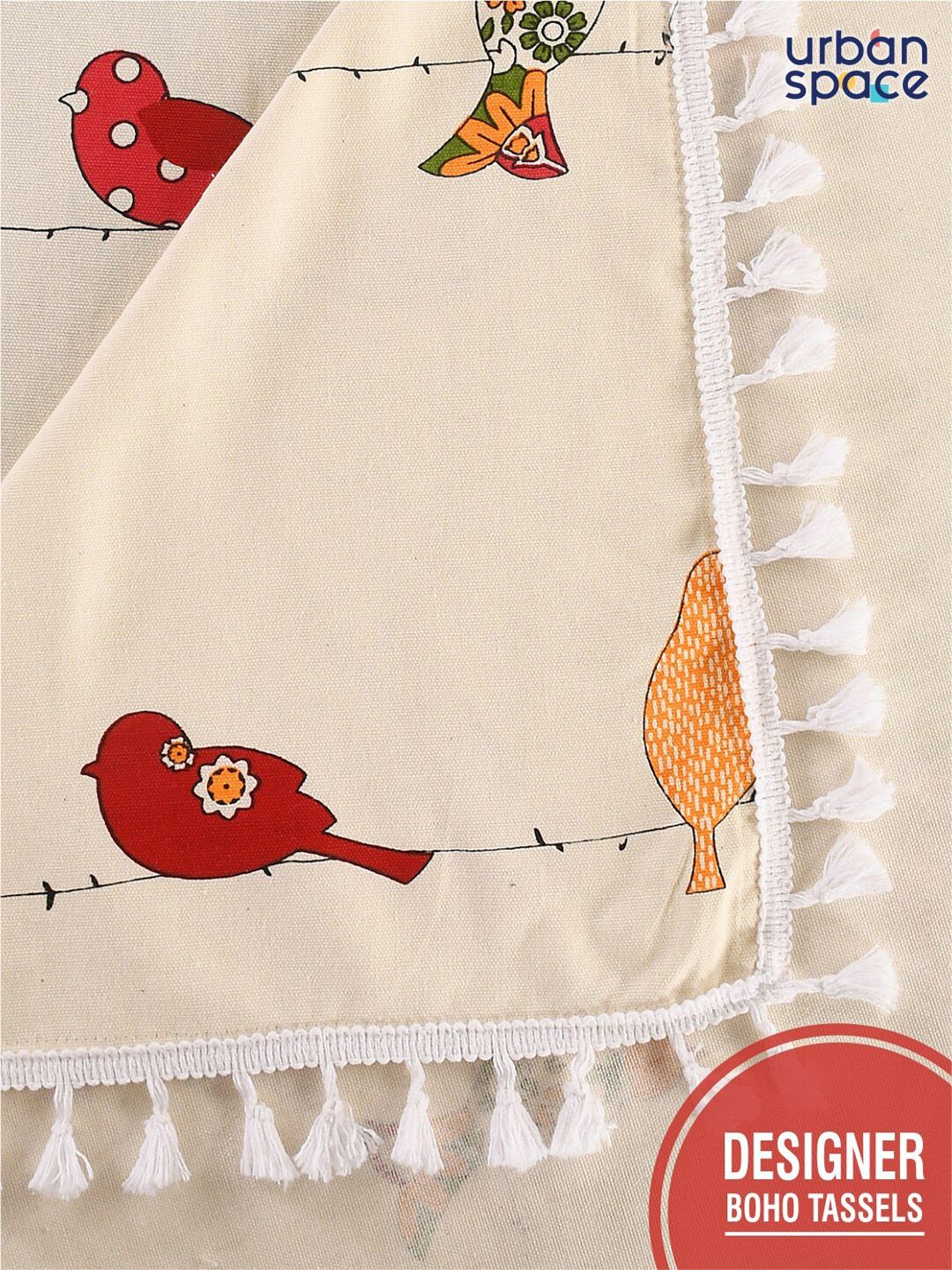 URBAN SPACE Cream Coloured & Red Printed Pure Cotton Square Table Cover