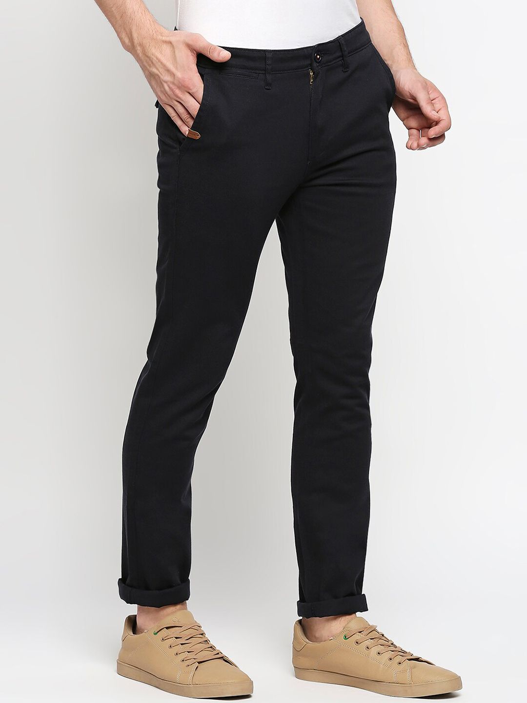 SPYKAR Men Navy Blue Loose Fit Low-Rise Chambray Chinos Trousers