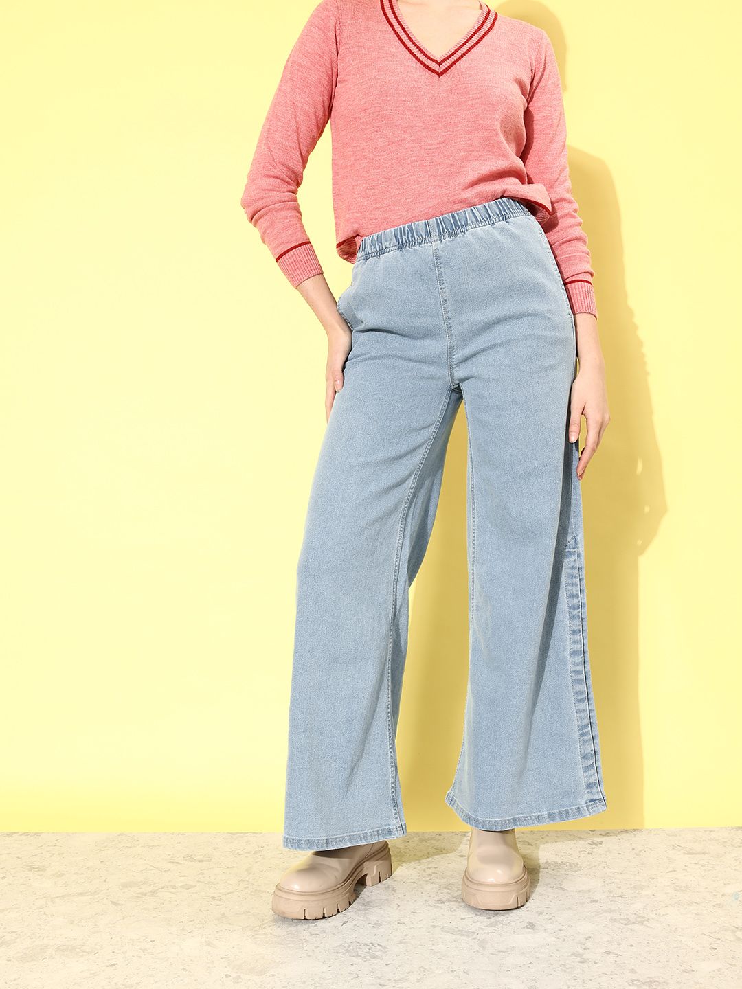 DressBerry Women Sky Blue We May Party Wide Leg Light Fade Stretchable Jeans