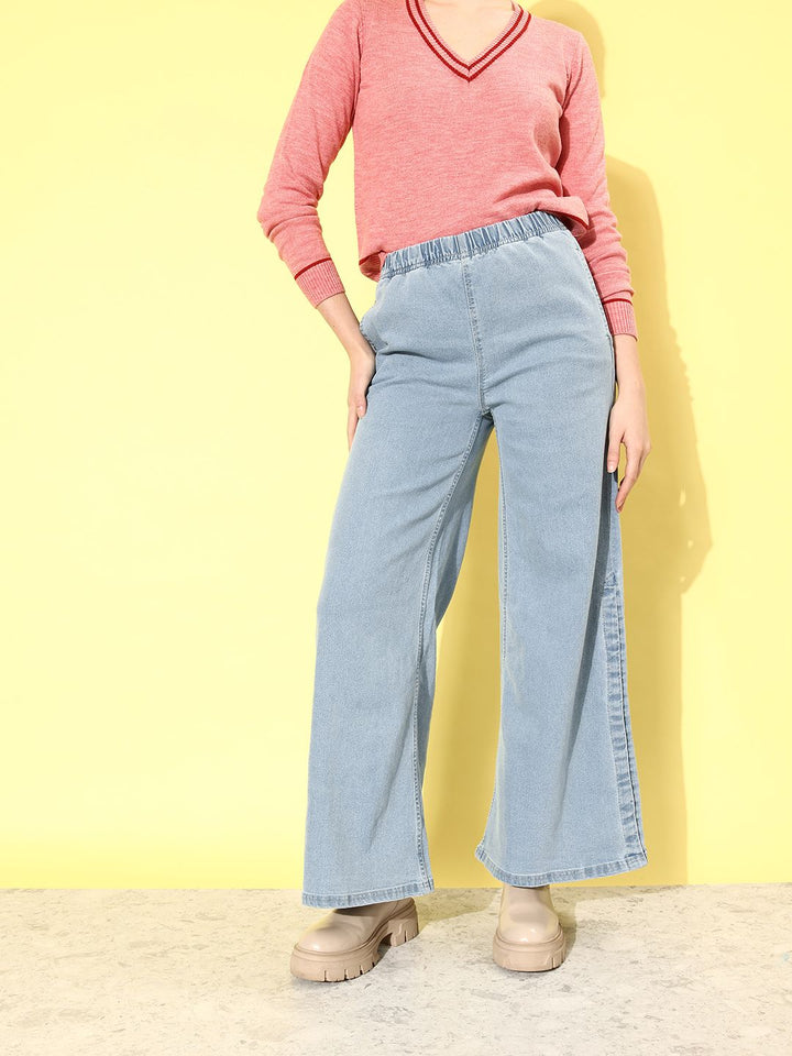 DressBerry Women Sky Blue We May Party Wide Leg Light Fade Stretchable Jeans