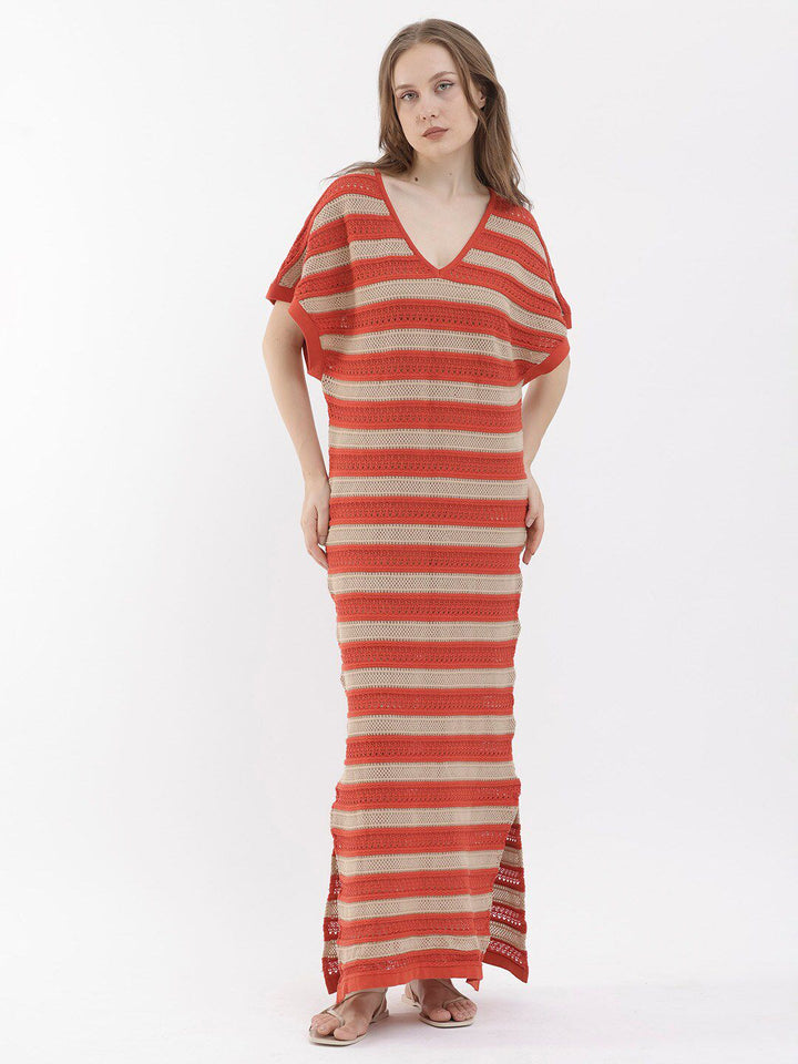 RAREISM Striped V-Neck Short Sleeves Cotton Maxi Dress