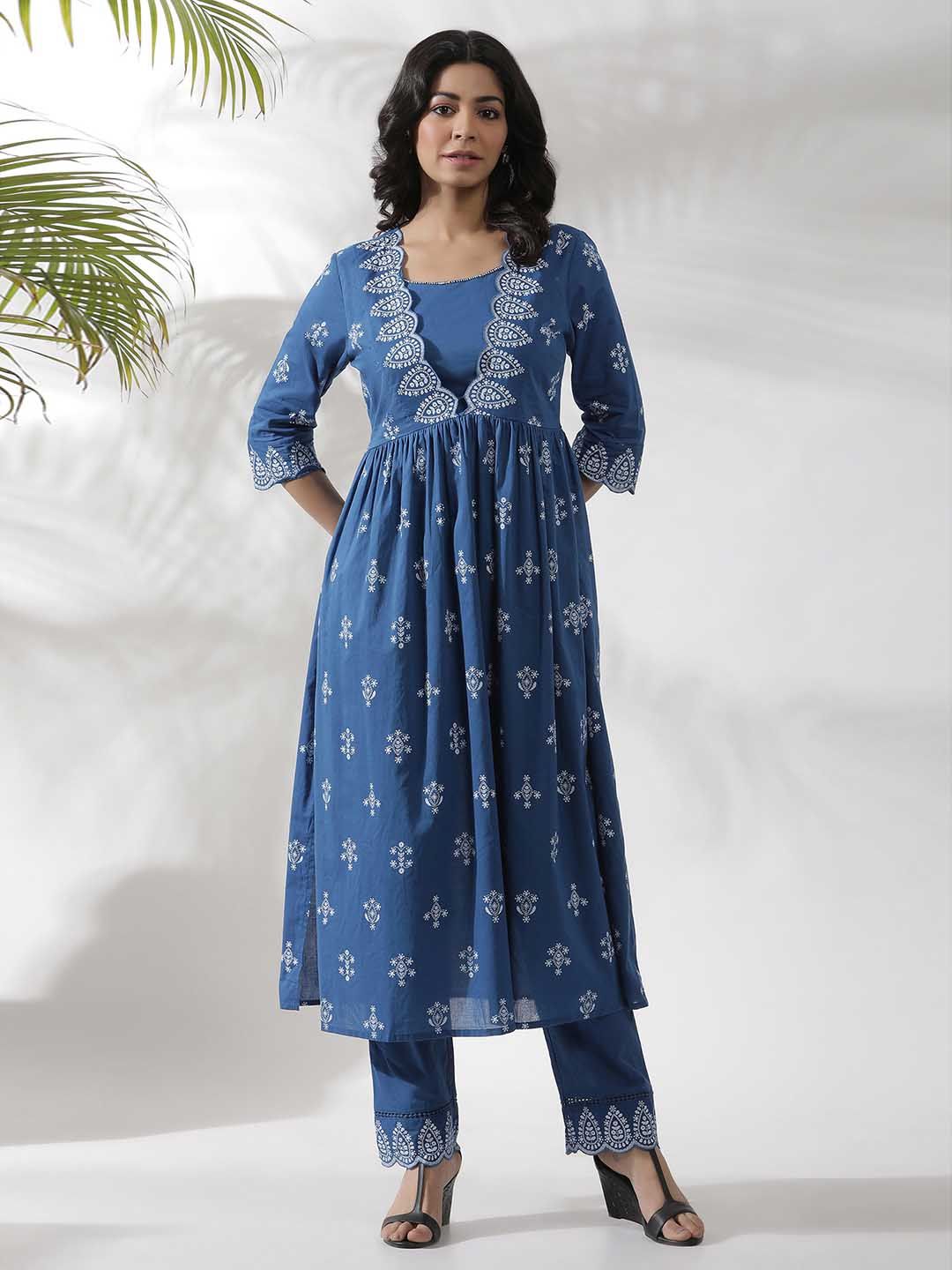 W Ethnic Motifs Printed Round Neck Pure Cotton Kurta & Trouser