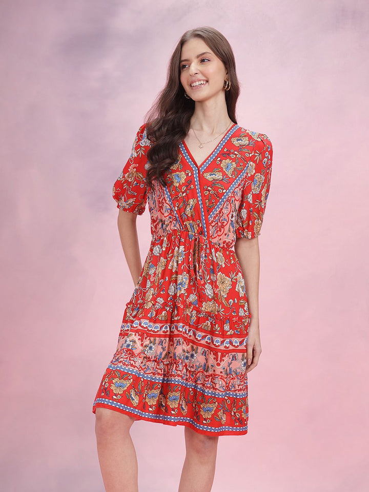 DressBerry Floral Print Puff Sleeve Fit & Flare Dress