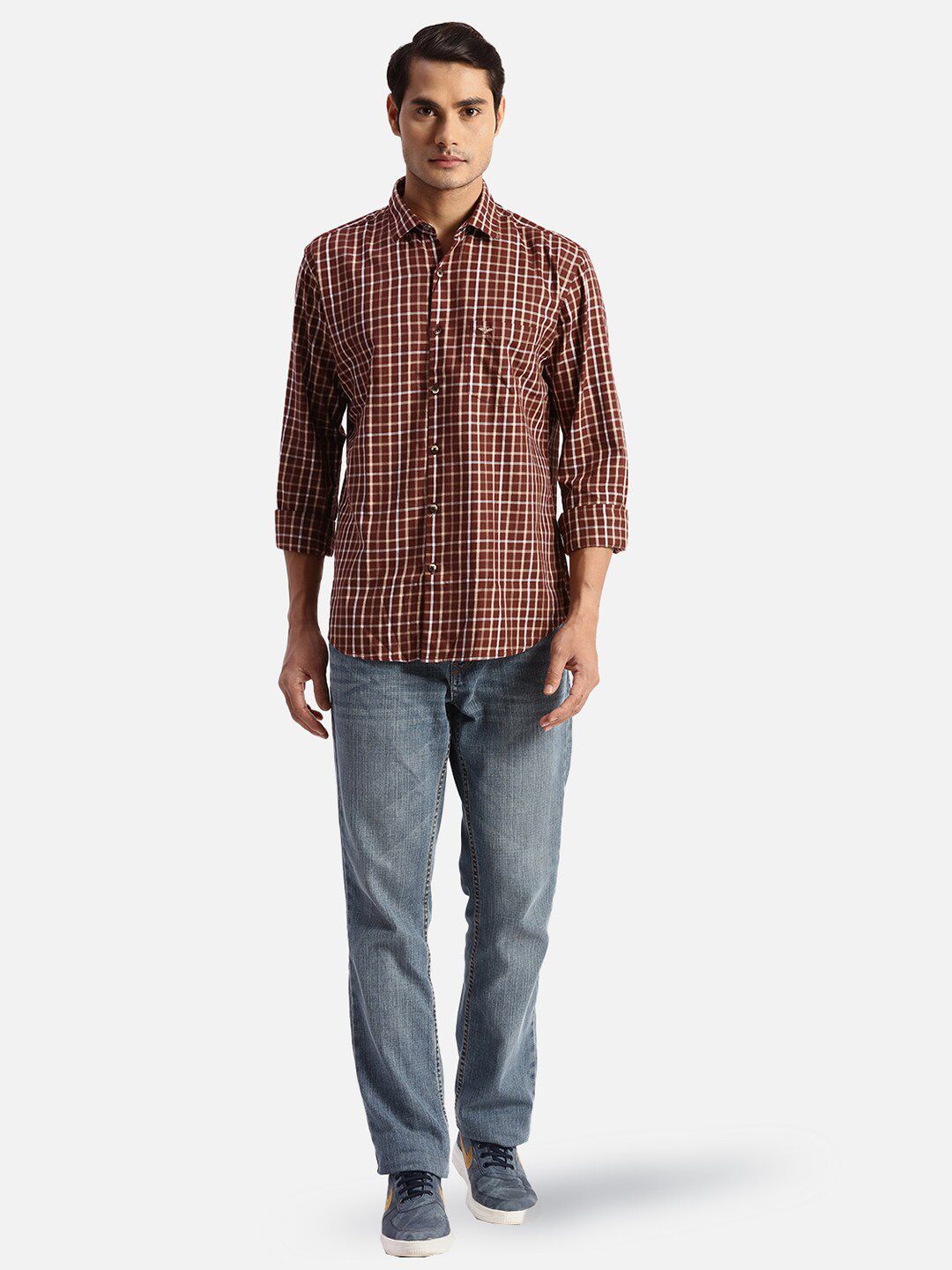 Park Avenue Spread Collar Long Sleeves Slim Fit Checked Casual Cotton Shirt