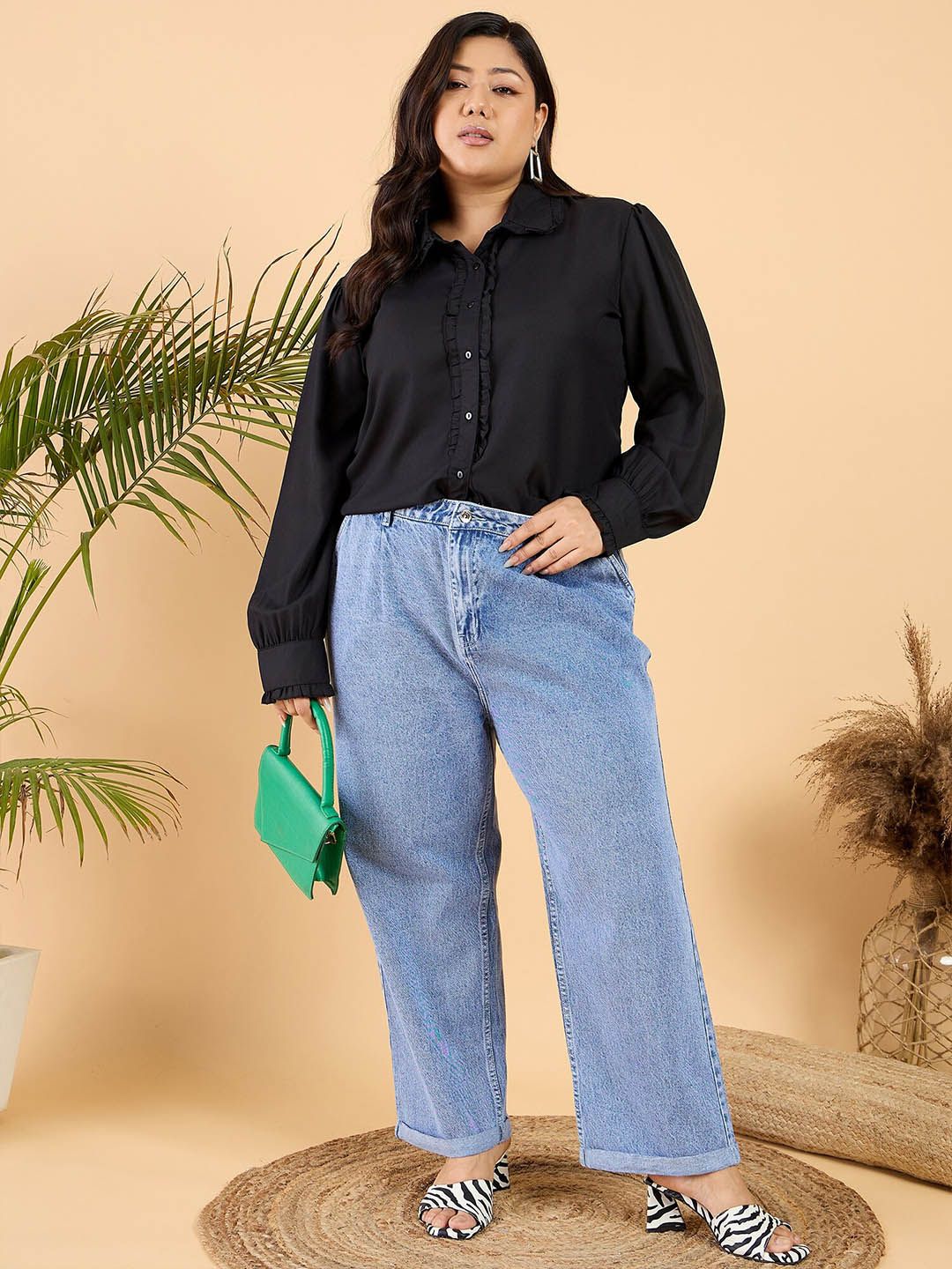 CURVY STREET Plus Size Comfort Opaque Frilled Casual Shirt