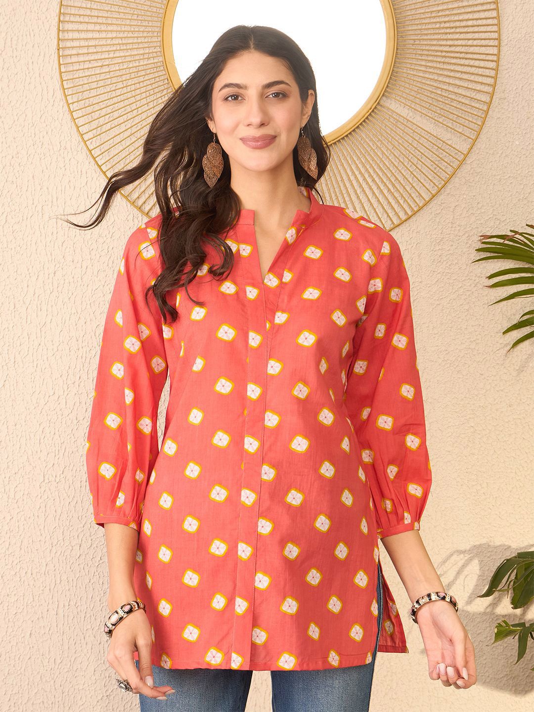 KALINI Tie and Dye Print Mandarin Collar Top