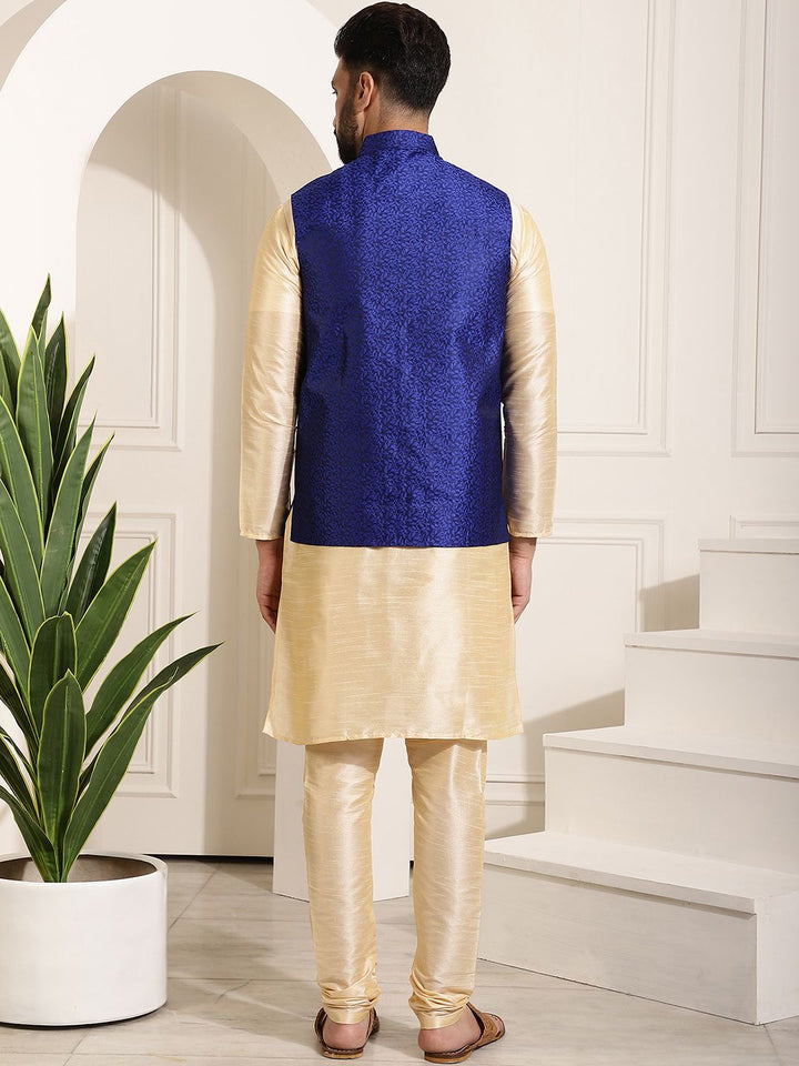 SOJANYA Men Cream-Coloured Solid Kurta with Churidar & Nehru Jacket