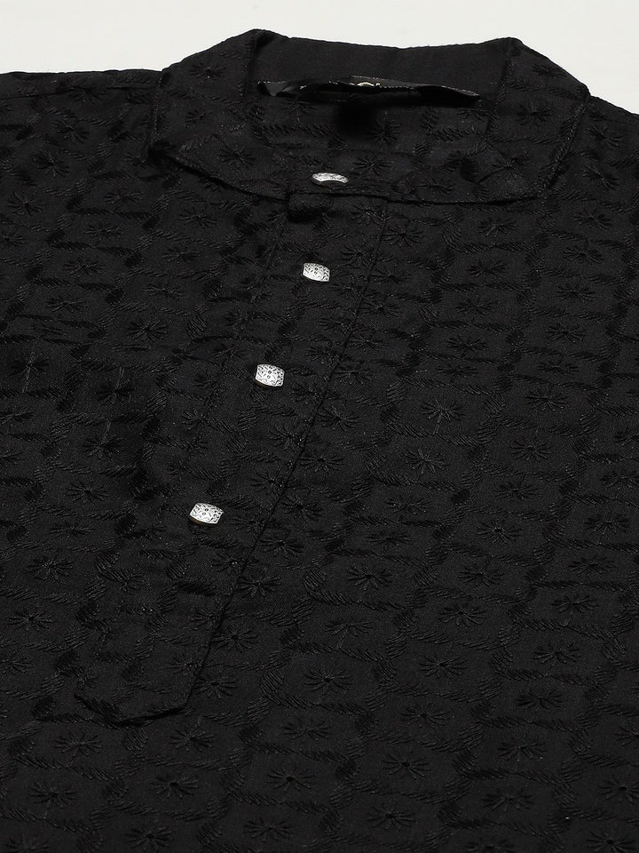 SOJANYA Men Black Chikankari Pure Cotton Kurta with Churidar & Nehru Jacket