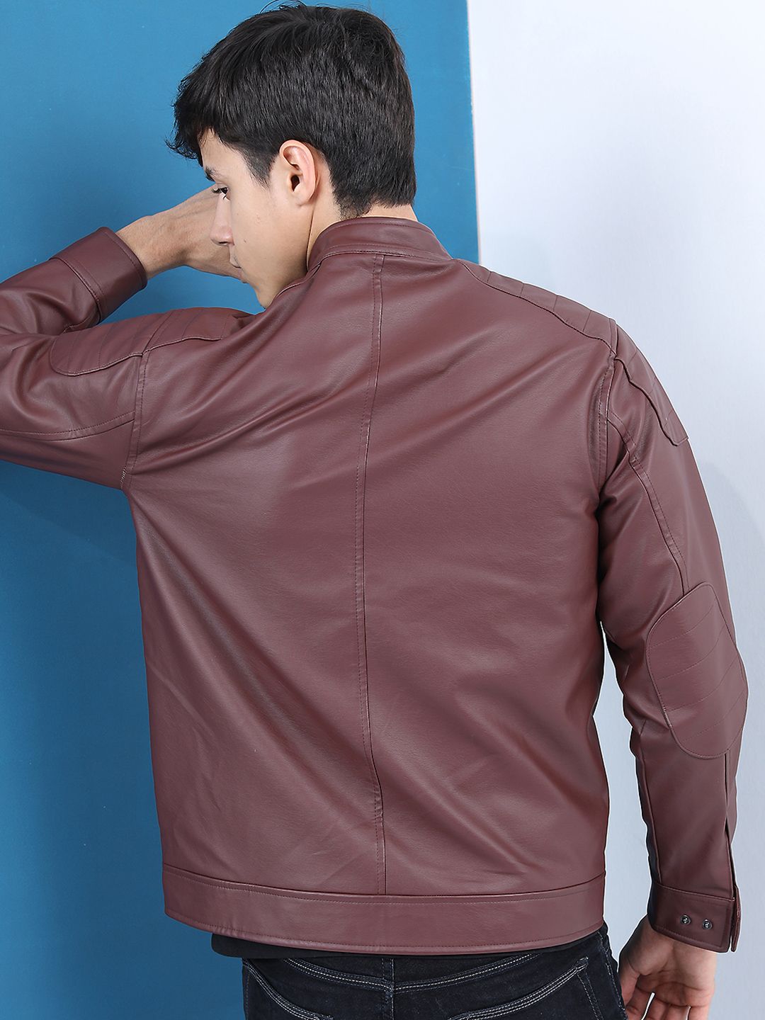 HIGHLANDER Men Burgundy Solid Leather Jacket