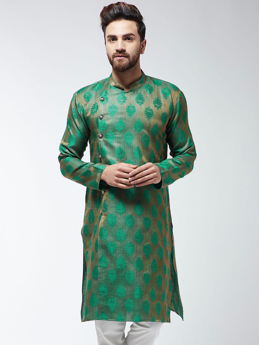 SOJANYA Kurta Lurus Bersulam Hijau & Beige Lelaki