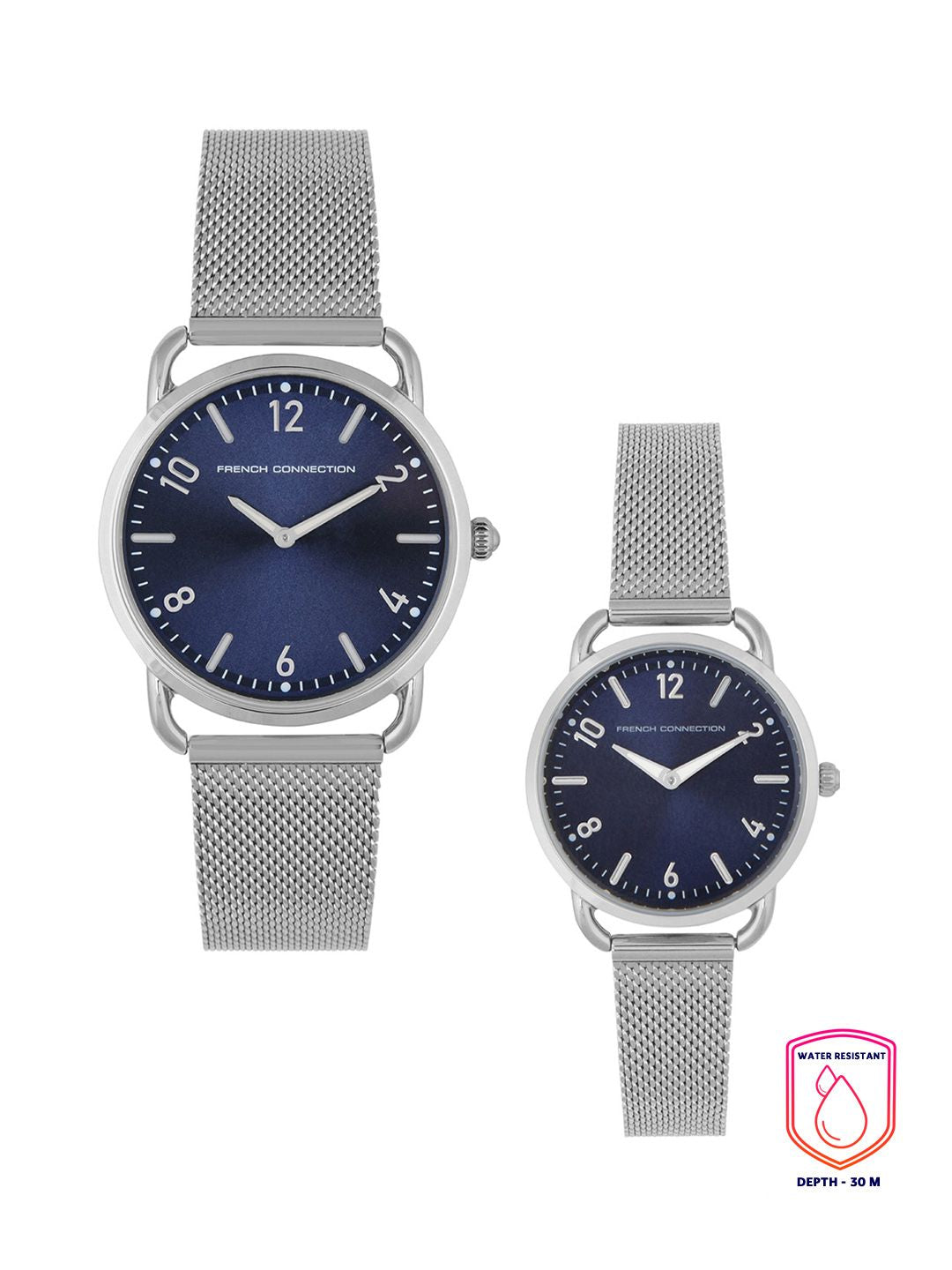 Sambungan Perancis Dail Biru & Perak Toned Pasangan Stainless Watch