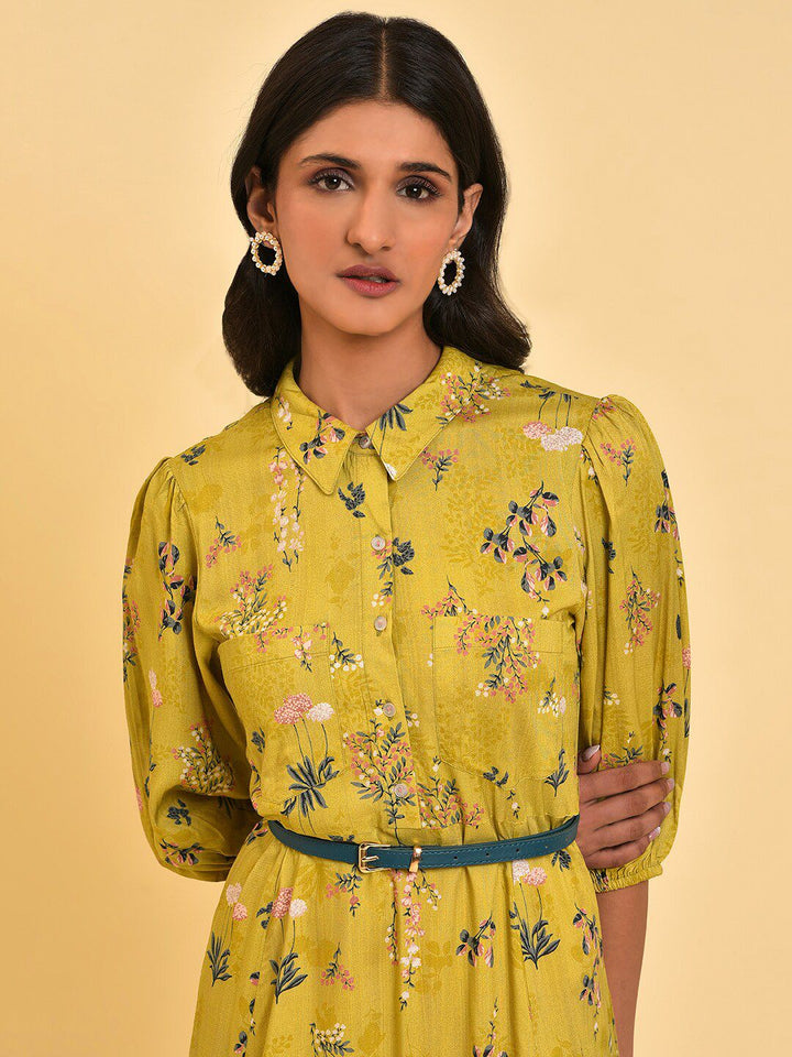 W Green Floral Printed Shirt Collar Neck Belted A-Line Midi Dress
