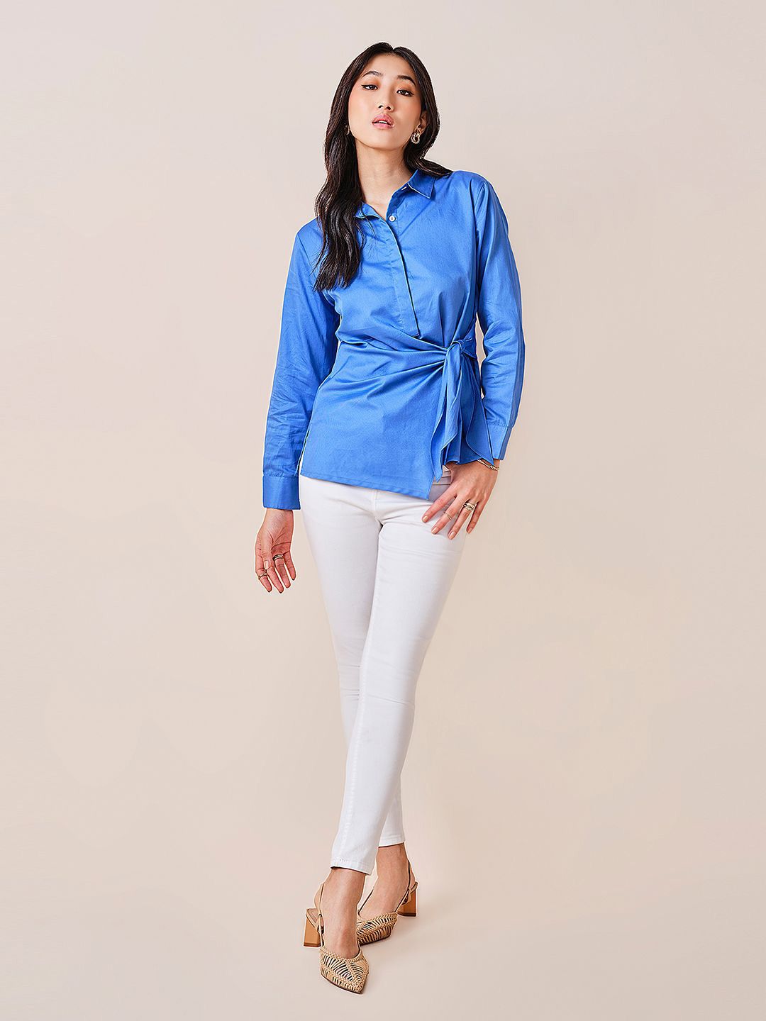 AND Women Solid Shirt Collar Long Sleeves Cotton Top