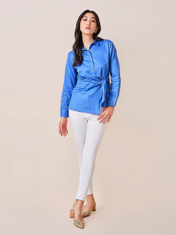 AND Women Solid Shirt Collar Long Sleeves Cotton Top