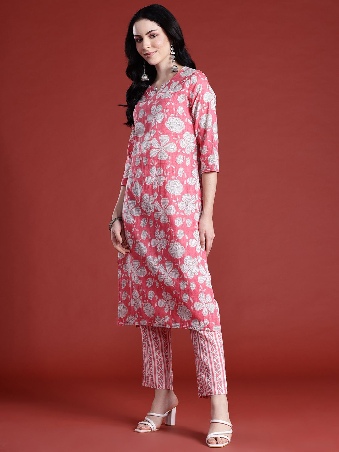 Anouk Floral Printed Panelled Pure Cotton Kurta with Trousers & With Dupatta