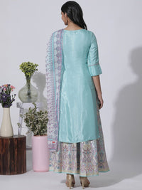 W Floral Yoke Design Thread Work Straight Kurta With Skirt & Dupatta