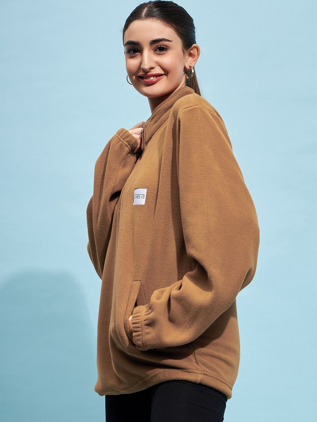 STREET 9 Brown Mock Collar Oversized Sweatshirt