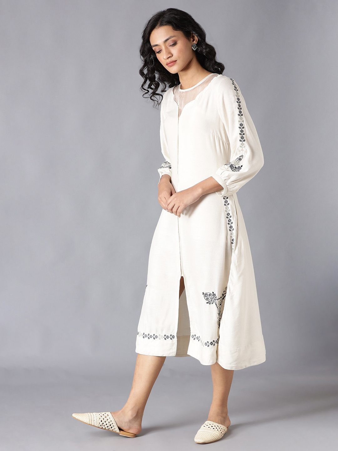 W Women White Floral Printed A-Line Midi Dress