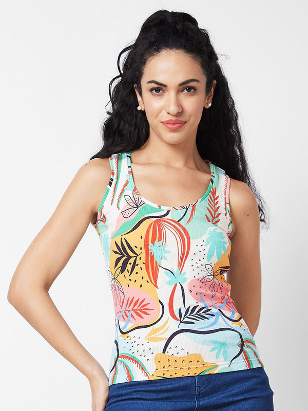 SPYKAR Abstract Printed Scoop Neck Sleeveless Cotton T-shirt