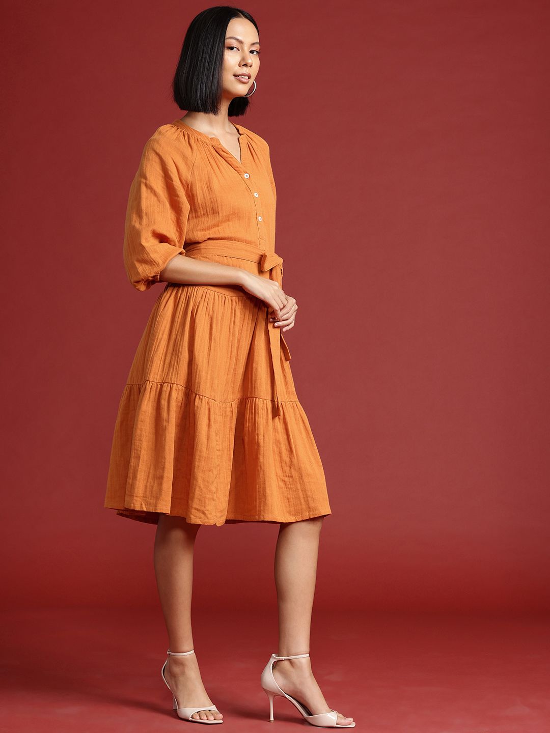 all about you Cotton Tiered A-Line Dress with Belt