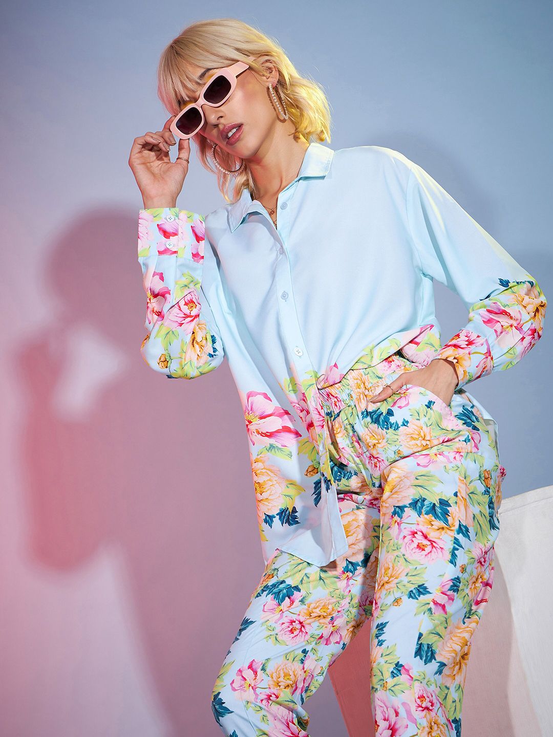 SASSAFRAS Turquoise Blue Floral Print Shirt With Tapered Trousers