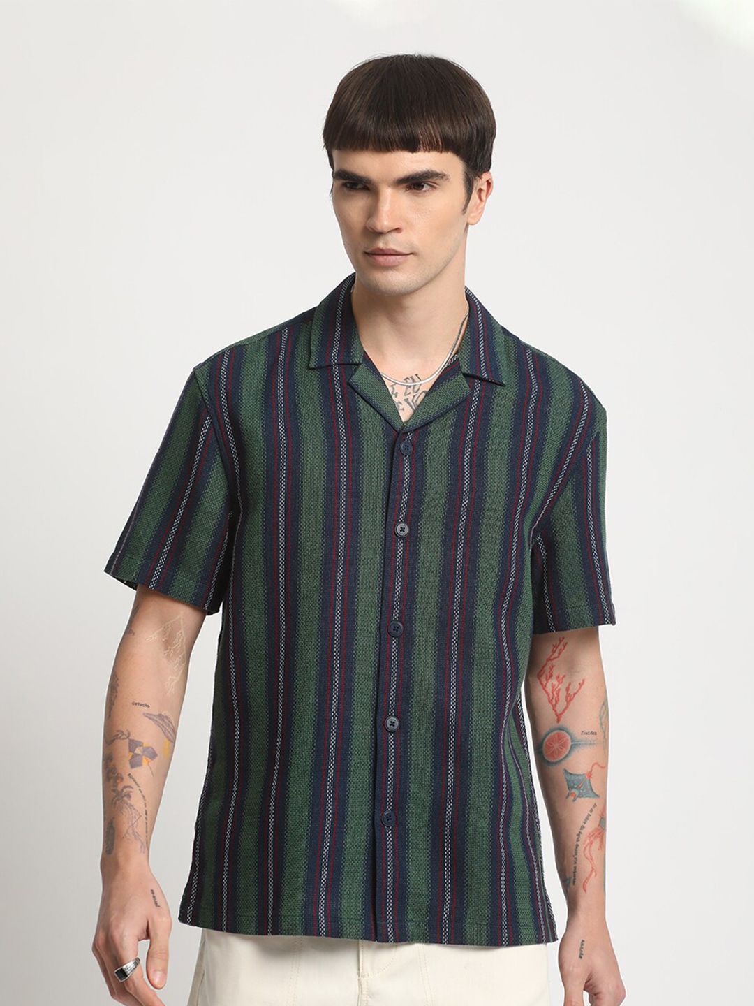 THE BEAR HOUSE Opaque Striped Cotton Casual Shirt