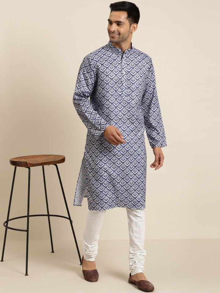 SOJANYA Men Off-White & Blue Cotton Geometric Printed Straight Kurta