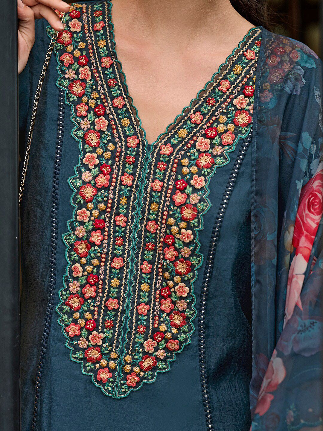 Indo Era Floral Embroidered Panelled Thread Work A-Line Kurta With Trousers & Dupatta