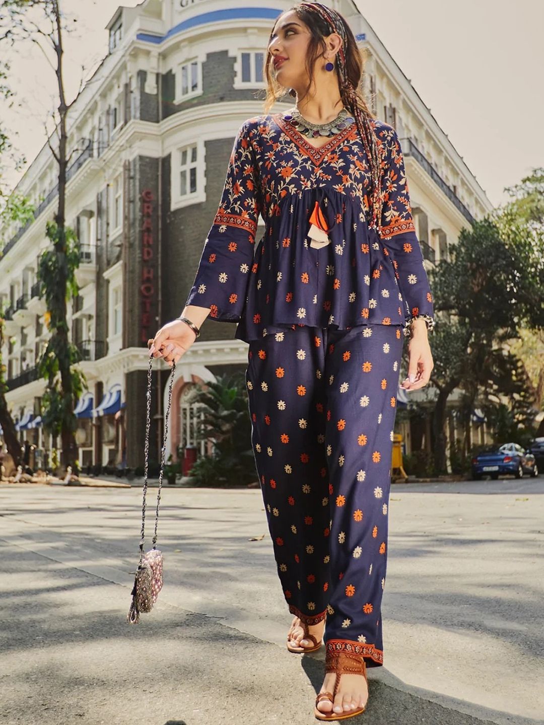 Rustorange Women Floral Printed Empire Kurti with Palazzos
