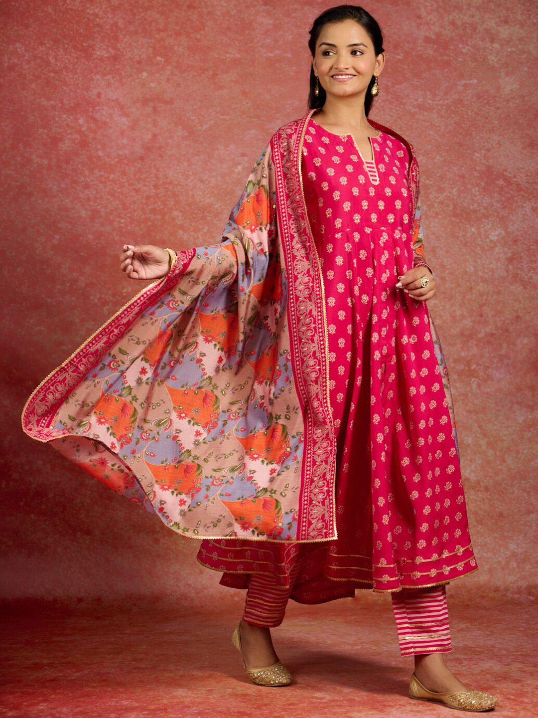 Libas Ethnic Motifs Printed Gotta Patti Pleated Anarkali Kurta & Trousers With Dupatta